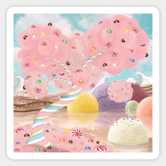 Candy land fantasy background. Sweets world landscape. Marshmallow tree, chocolate milk river, ice cream islands Sticker by likapix